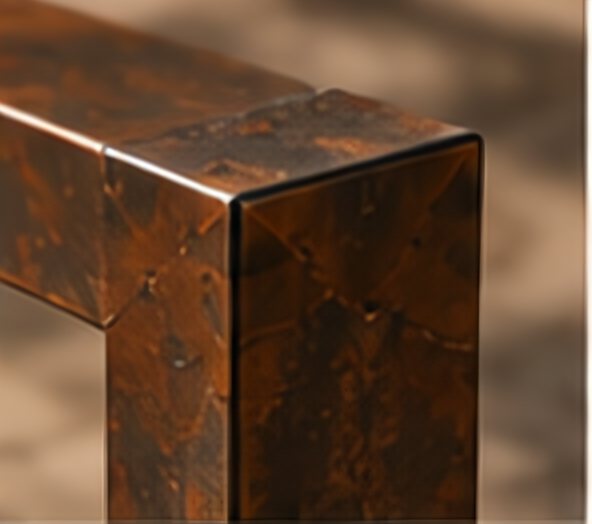 Close-up of the steel frame with a corten-look finish