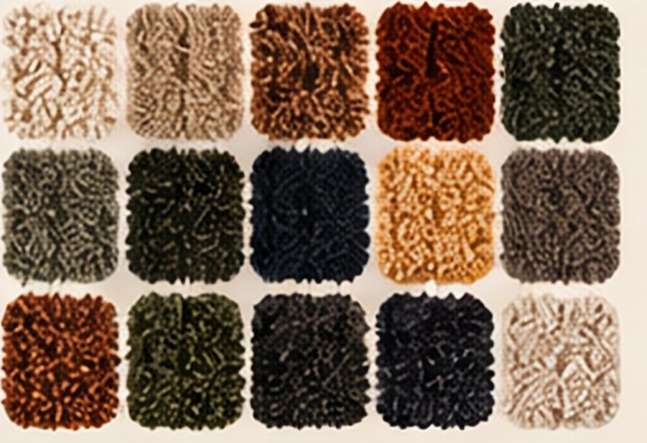 Tuft yarn colour samples: cream, sand, rust, terracotta, moss, charcoal, navy and ochre