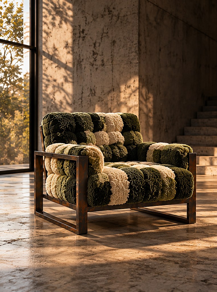 Tufted Lounge in moss and cream against a concrete wall