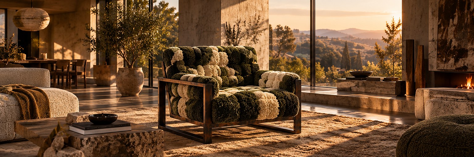 Tufted Lounge in moss and cream in a sunlit living room