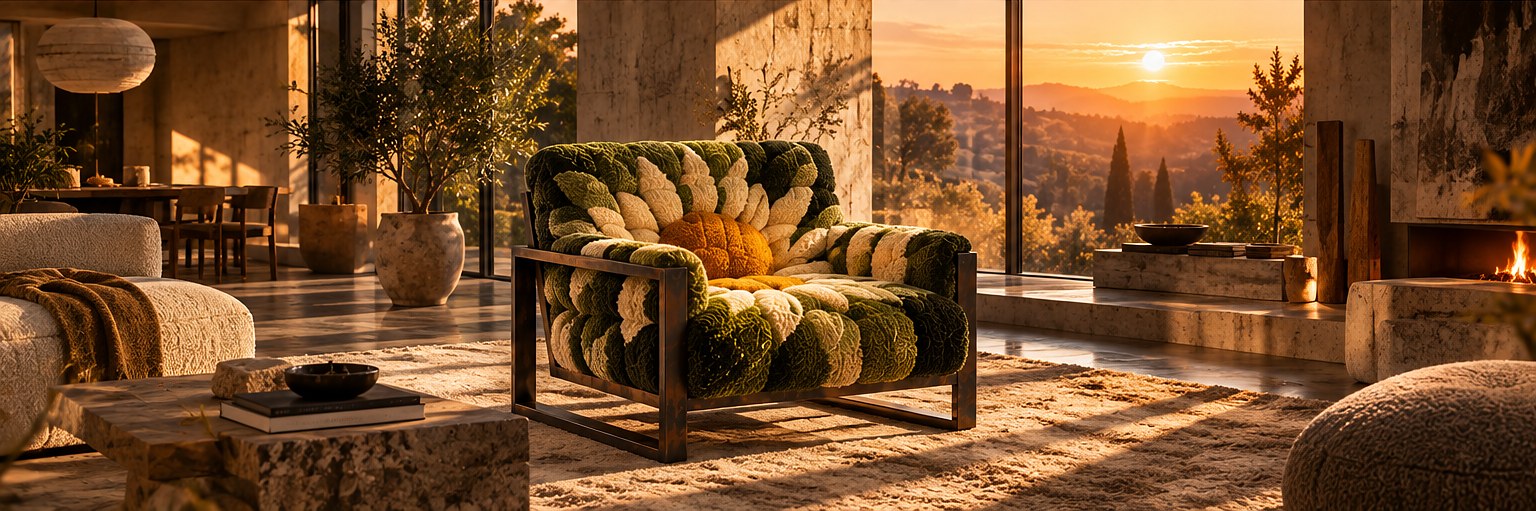 Tufted Lounge in Sun Flower in a living room at sunset