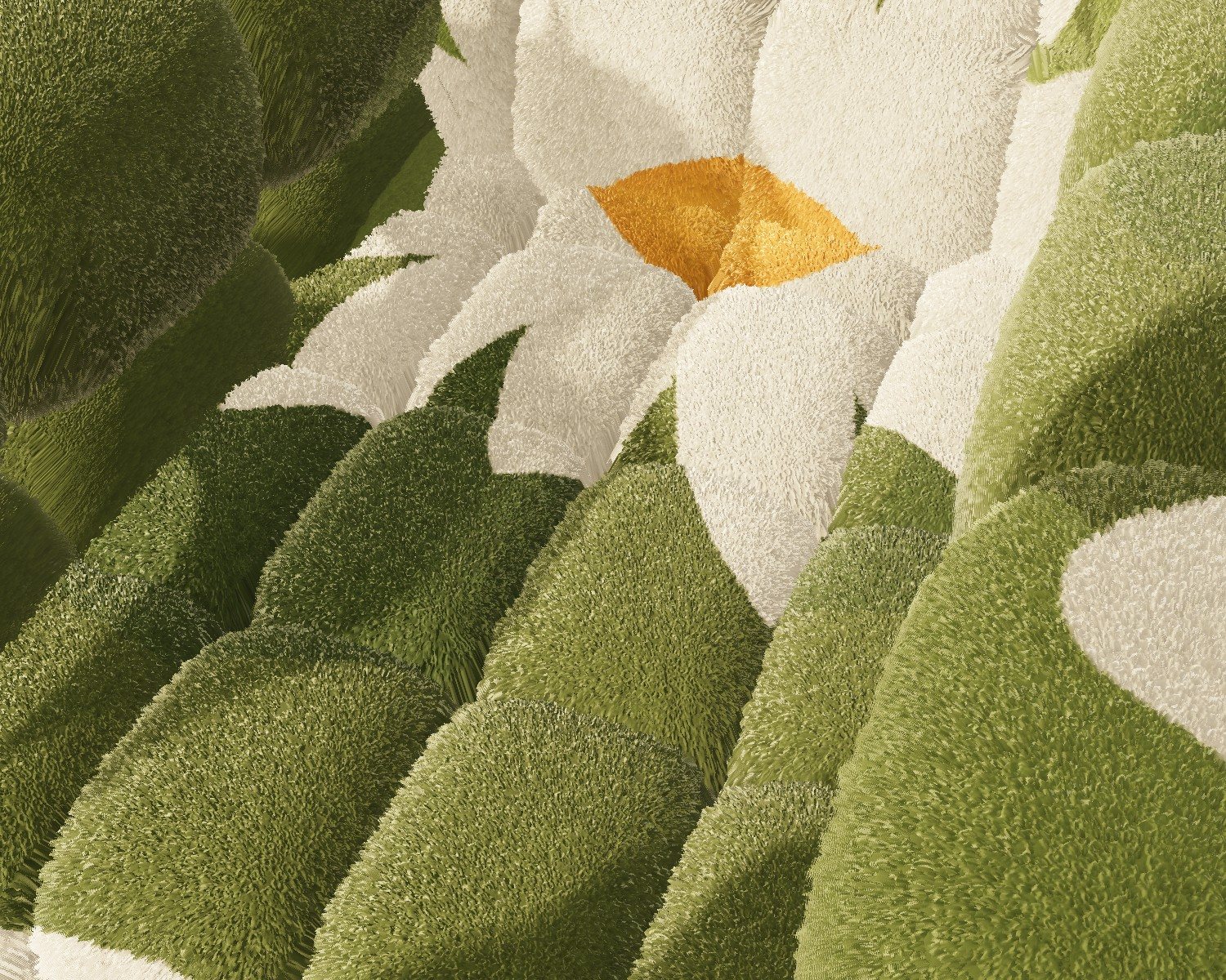 Close-up of the Sun Flower motif tufted across the sections