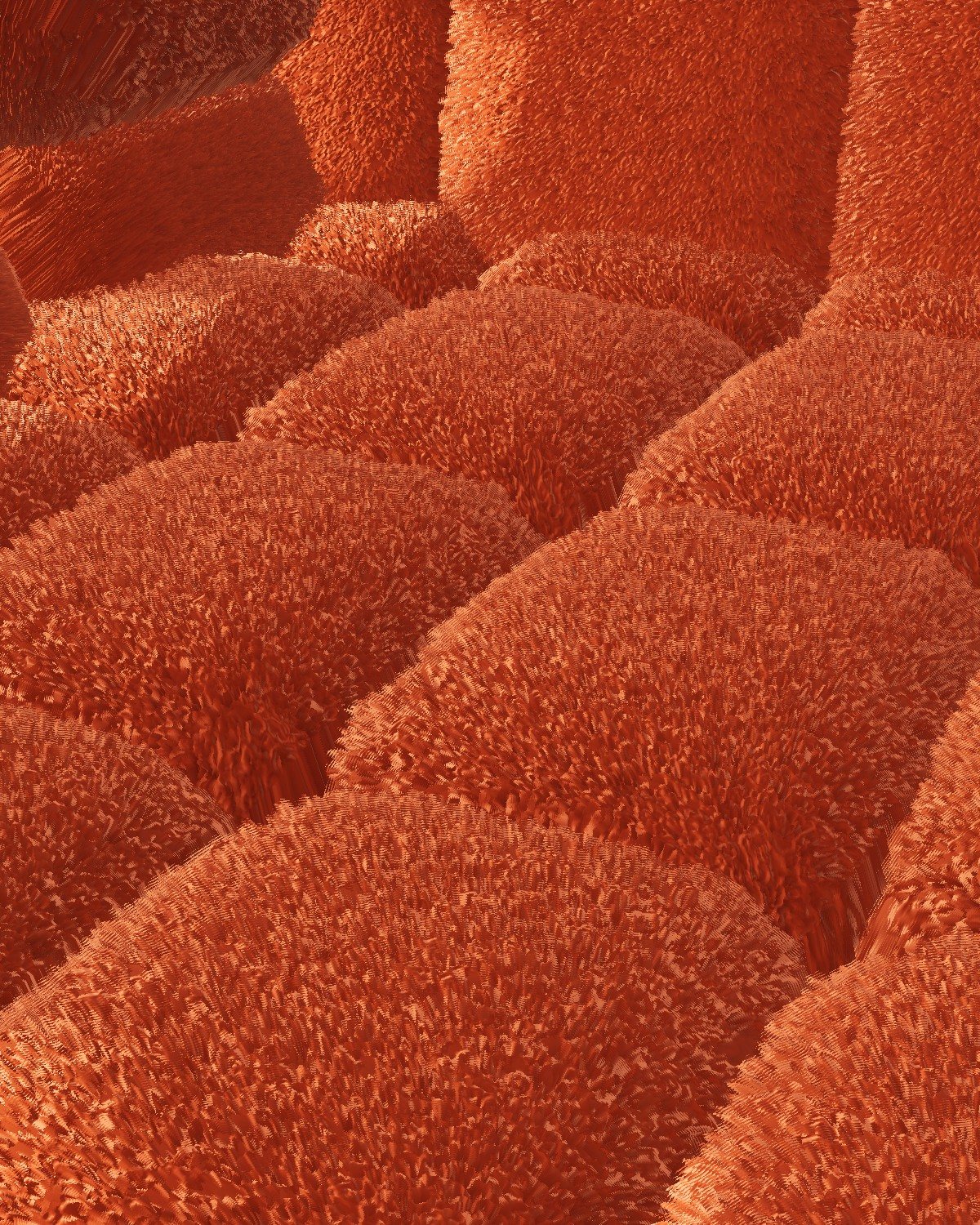 Macro of hand-tufted terracotta yarn, individually padded sections
